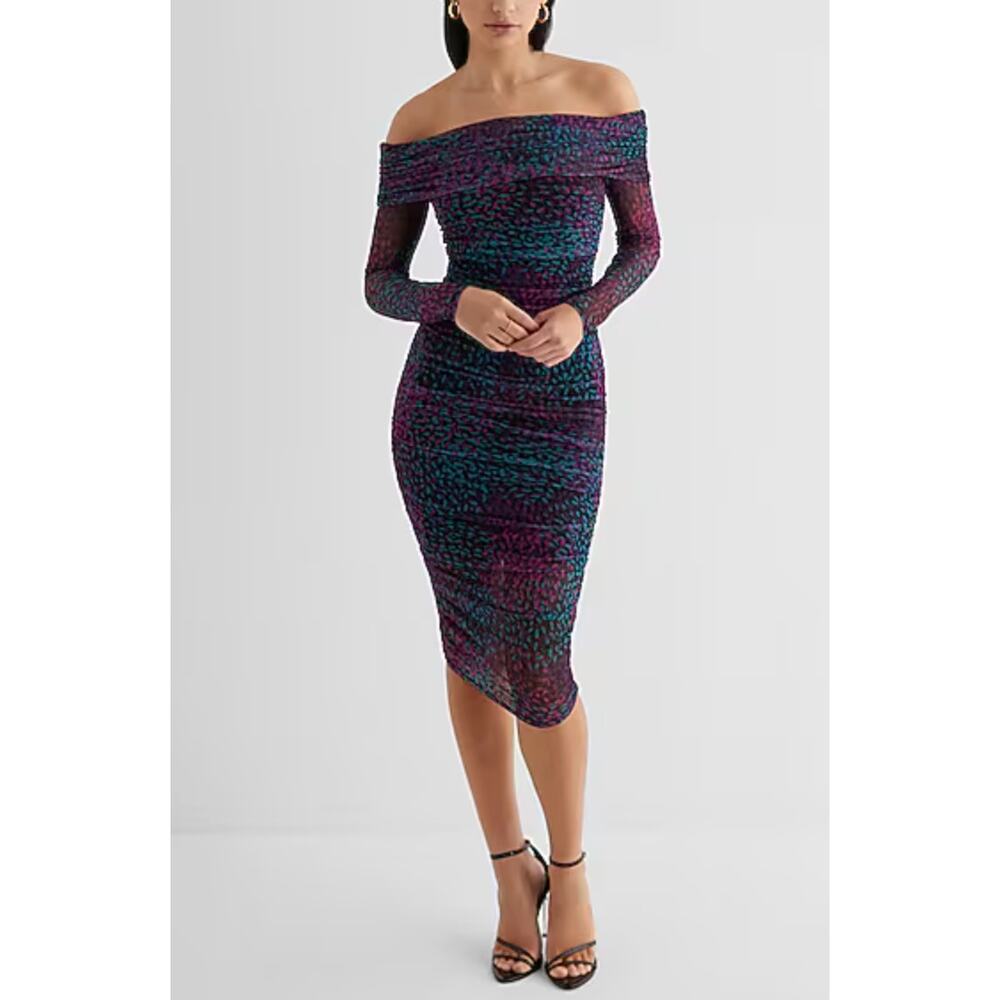 NWT Express Body Contour Mesh Printed Off Shoulder Ruched Midi Dress Small